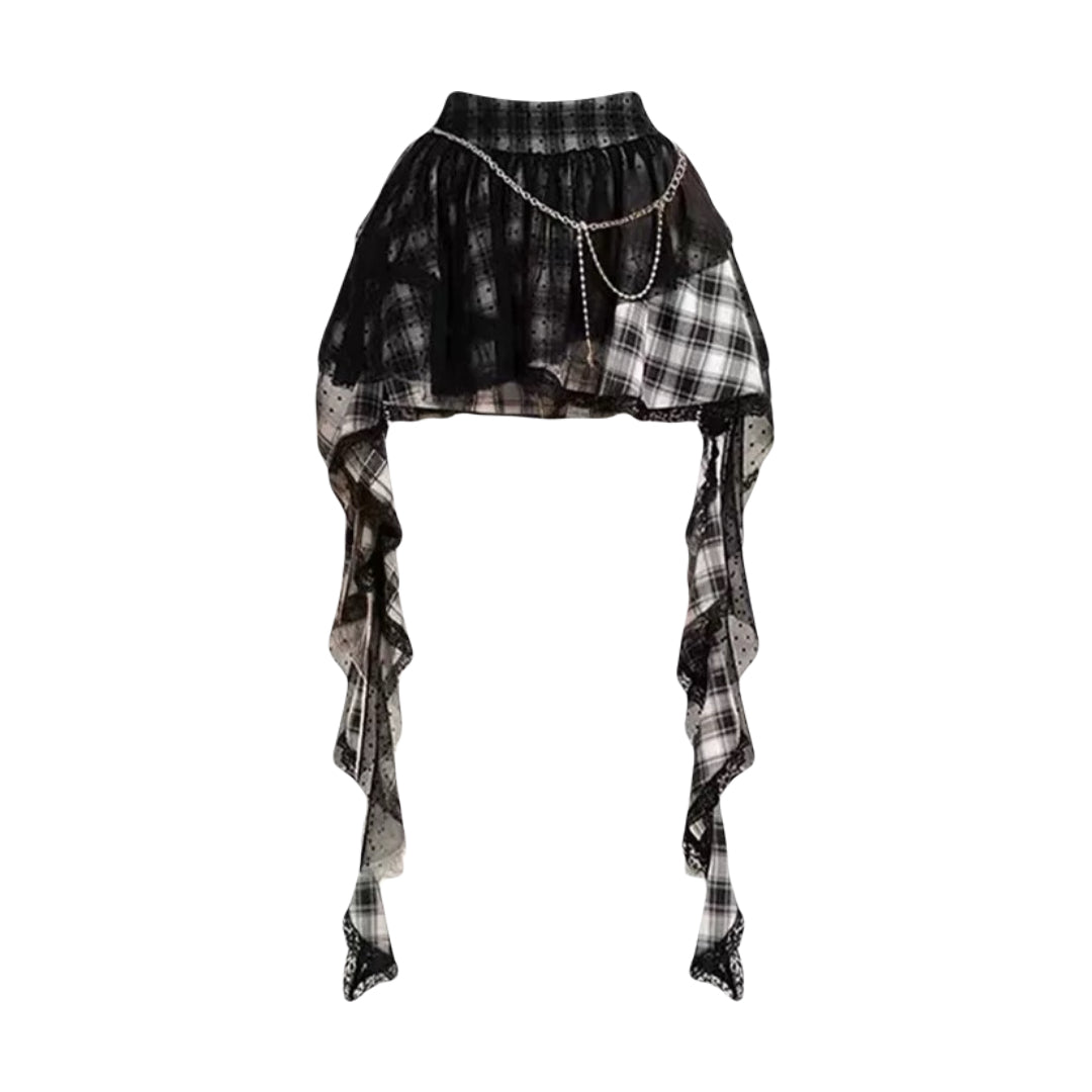 Gothic Mesh Plaid Layered Mini Skirt with Irregular Hem and Chain Punk Fairycore Summer Skirt